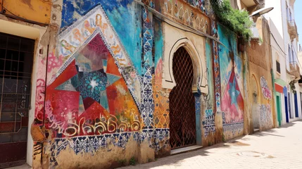 Foto auf Alu-Dibond Colorful street art on the ancient walls of the Kasbah of the Udayas in Rabat © Robert Kneschke