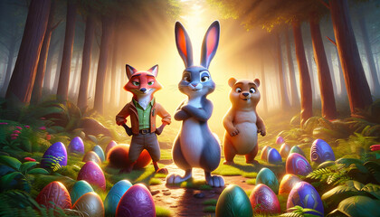 fantasy forest with rabbit, fox and bear, easter egg hunt illustration concept
