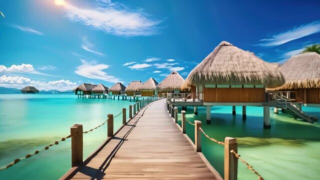 tropical beach in Maldives with few palm trees and blue lagoon, Luxury travel vacation destination panoramic banner. Romantic honeymoon getaway in overwater bungalows villas, AI Generated