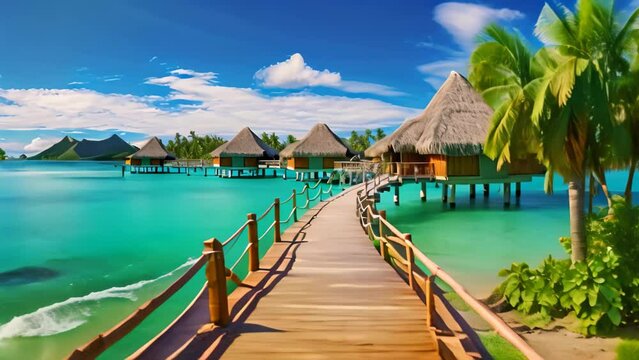 Wooden bridge leading to tropical beach with water bungalows at Maldives, Luxury travel vacation destination panoramic banner. Romantic honeymoon getaway in overwater bungalows villas, AI Generated