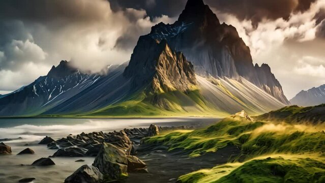 Beautiful landscape of Iceland. Dramatic overcast sky. Toned, Majestic summer scene of Stokksnes headland with Vestrahorn Batman Mountain on background, AI Generated