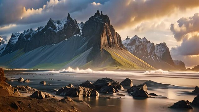 Beautiful landscape of Vestrahorn mountain in Iceland. Toned, Majestic summer scene of Stokksnes headland with Vestrahorn Batman Mountain on background, AI Generated