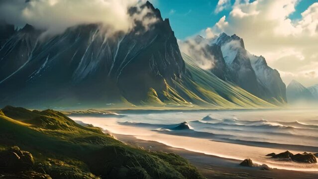 Beautiful landscape of Vestrahorn mountain in Iceland, Europe, Majestic summer scene of Stokksnes headland with Vestrahorn Batman Mountain on background, AI Generated