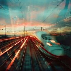 High speed train overtaking, utilizing rear curtain sync for dynamic motion effect - obrazy, fototapety, plakaty