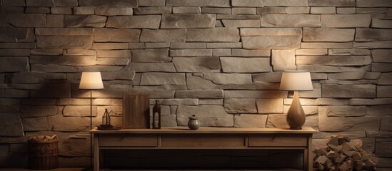 A modern stone wall is adorned with three sleek lamps, adding a touch of sophistication to the interior decoration of an empty room.