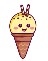 Cute waffle cone ice cream. Kawaii style with funny face. Cartoon sweet character. Cute cartoon vector Illustration