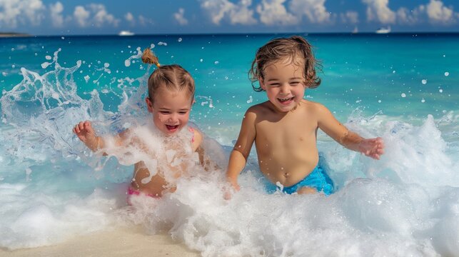 Two kids playing on the beach on summer holidays with beautiful seascape, sand, and blue sky.