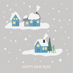 Fototapeta na wymiar Winter holiday greeting card with a winter landscape with houses in snowy weather. Merry Christmas and Happy New Year! Hello winter! Lovely hand drawn vector design. Postcards with space for text