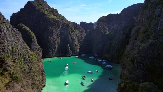 boats in nice lagoon bay limestone mountains Great aerial top view flight drone
