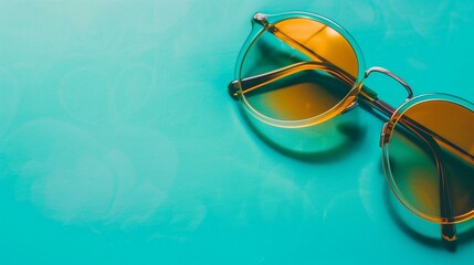 Trendy Yellow Sunglasses on Vibrant Turquoise Background with Copy Space