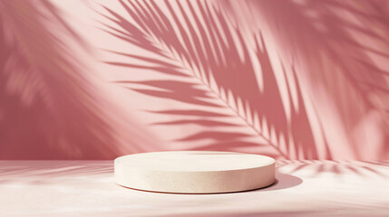 product podium with a palm leaf shadow on pink background