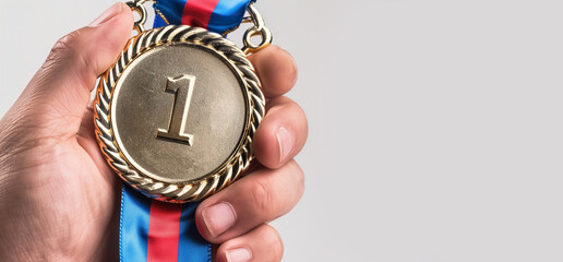 Hand holding up the 1st gold medal on a simple background. Successful and victory concept - obrazy, fototapety, plakaty