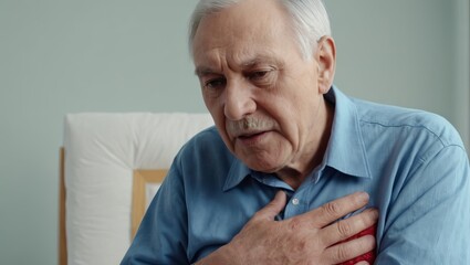 senior man suffering from chest pain while sitting on bed at home
