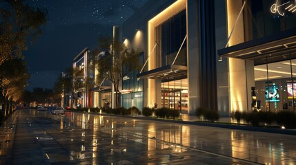 Fototapeta na wymiar Shopping Mall Building Exterior view at night. 3d render, 3d building, home exterior, mosque, shool, image AI, footbol stadion.