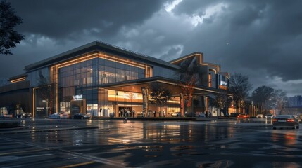 Fototapeta na wymiar Shopping Mall Building Exterior view at night. 3d render, 3d building, home exterior, mosque, shool, image AI, footbol stadion.