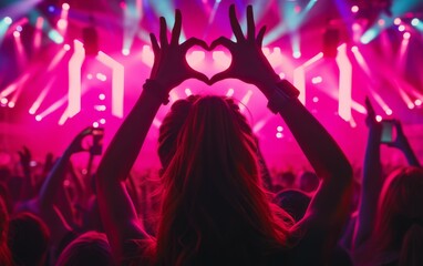 A diverse crowd of people is enthusiastically cheering with their hands in the air at a lively concert event