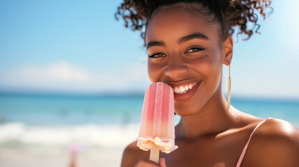 Joyful Young Woman with Popsicle at the Beach.