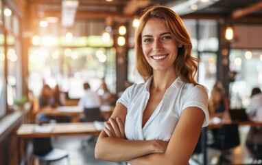 A multiracial woman stands with her arms crossed in a restaurant setting