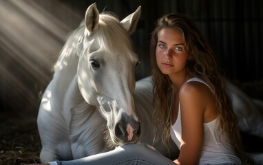 A beautiful young woman is seated next to a white horse, both looking towards the camera in a peaceful setting - Powered by Adobe