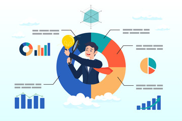 Businessman analyse data with lightbulb, data scientist analyse data for business insight, intelligence information on marketing research, analytics visualisation dashboard, chart and graph (Vector)