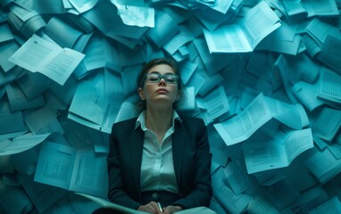 A multiracial woman sitting on a stack of papers, surrounded by documents and files