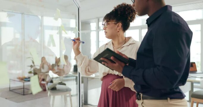 Business people, glass and teamwork with sticky notes for writing, brainstorming and collaboration. Office, employees and tablet with planning on board for agenda, schedule or research with mind map