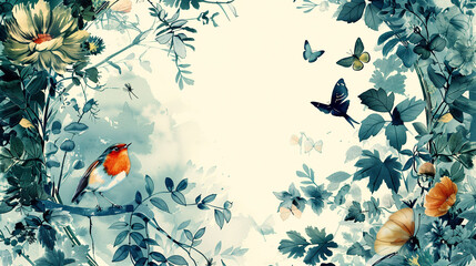 Vibrant butterflies flutter around a bird perched on a leafy bra - obrazy, fototapety, plakaty