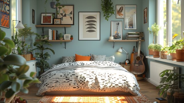 modern design stylish bedroom with big window, bad, posters and plants. Interior design, render model. Room for a teenage, child, man. Cozy room in white, black and gray colors. Sunny day