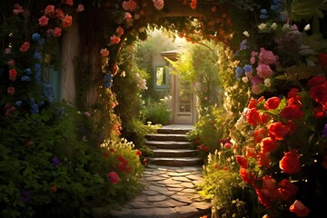 Fototapeta premium Secret Garden Oasis: Hidden Pathway Amongst Vibrant Blooms