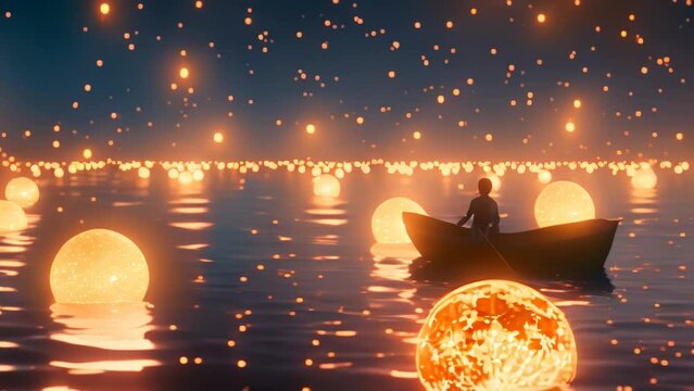 people in boats and ocean lanterns. 4k video