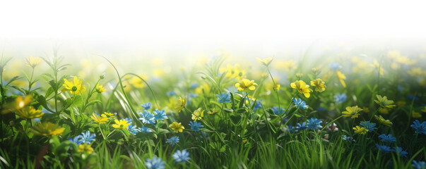 Spring green grass with yellow flowers with gradient effect design, isolated on white and transparent background, png - obrazy, fototapety, plakaty