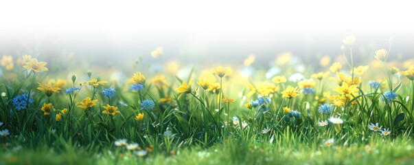 Spring green grass with yellow flowers with gradient effect design, isolated on white and transparent background, png