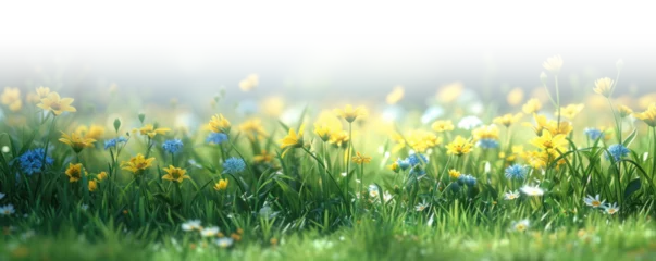  Spring green grass with yellow flowers with gradient effect design, isolated on white and transparent background, png © Black Pig