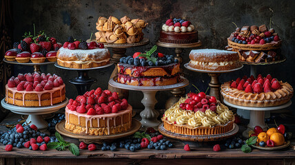 Fresh pastries and assorted fruit tarts catching the eye on graceful wooden stands. - obrazy, fototapety, plakaty