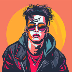 Hipster man in a leather jacket and sunglasses. Vector illustration.