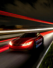 Red Business car on high speed in turn and high-speed highway with motion speed.