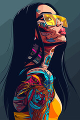 Beautiful girl in sunglasses with a tattoo on her body. Vector illustration.