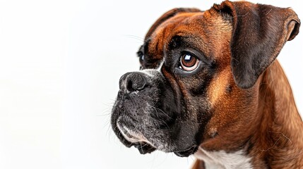 Fototapeta premium Muzzle of a tiger-colored boxer dog in close-up. A close-up shot of a boxer's captivating snout.