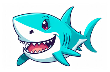 Illustration of cute shark face smiling on white background, clipart