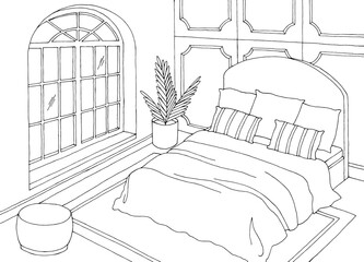 Classic bedroom graphic black white home interior sketch illustration vector - 754775779