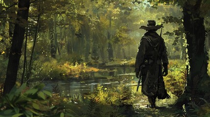 Digital painting of The ranger traverses the forest map tracking elusive prey.in the cartoonish character design style with high resolution - obrazy, fototapety, plakaty