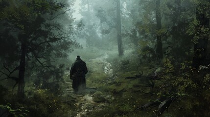Obraz premium Digital painting of The ranger traverses the forest map tracking elusive prey.in the cartoonish character design style with high resolution