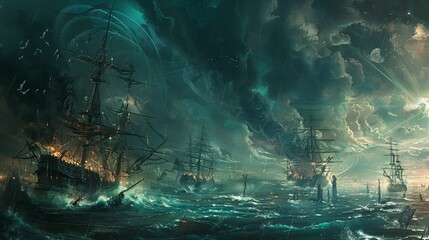 Digital painting of The sorcerer manipulates the sea map conjuring storms to deter enemy ships. - obrazy, fototapety, plakaty