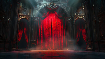 a stage with a black and gold background, red curtains, classic and vintage. 