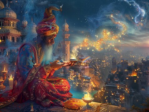 Digital painting of Write a genies story of granting wishes throughout the ages.