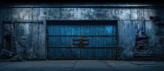 Fototapeta na wymiar A dark room illuminated by faint light seeping through the cracks, featuring a blue iron door against a weathered brick wall. The stark contrast between the blue door and the textured brick creates a