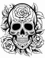 Day of the Dead Skull with Rose Flowers. Vector Illustration.