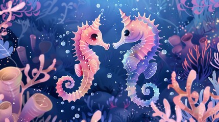 Kawaii Art of Baby seahorses dancing in a mesmerizing underwater ballet.