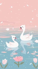 Kawaii Art of Baby swans (cygnets) gliding on a tranquil lake.cute wallpaper pattern style