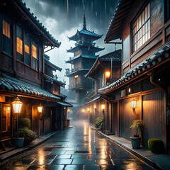 rain view of japanese temple